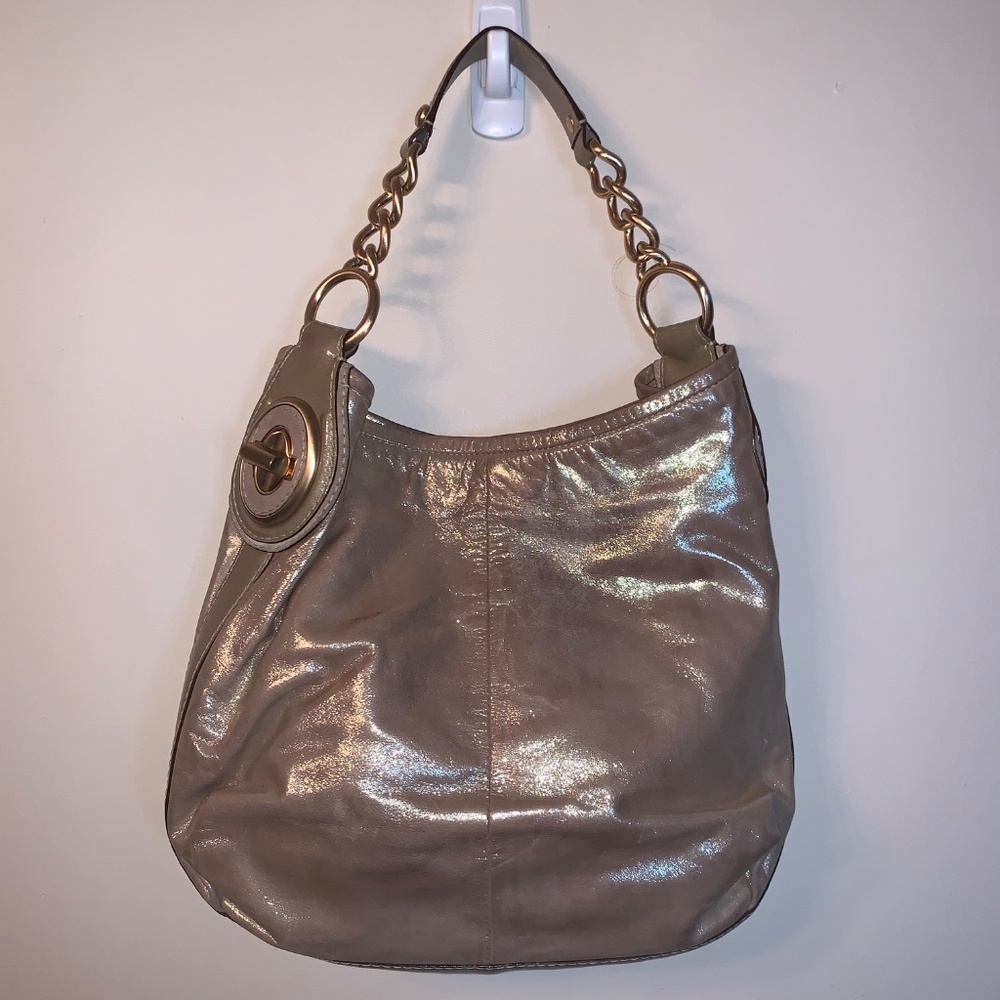 Coach Peyton Metallic Pewter Shimmer Leather Shoulder Bag - Picture 2 of 15